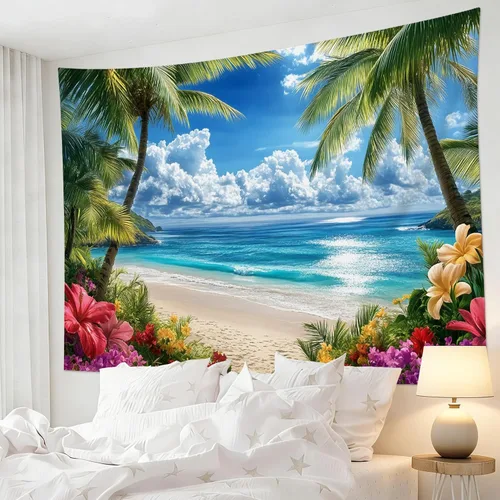 Miniatura 20 de LB Tapiz de hongos para colgar en la pared, luna y estrella en beige, tapiz de pared para dormitorio, estética de planta verde, arte de pared