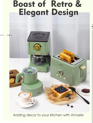 Miniatura 4 de Amaste Cafetera verde y hervidor eléctrico retro blanco