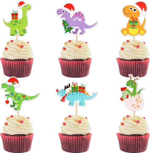 Miniatura 17 de 24 piezas de adornos para cupcakes de Navidad dorados verdes y rojos con purpurina, Papá Noel, árbol de Navidad, adornos para cupcakes para el tema