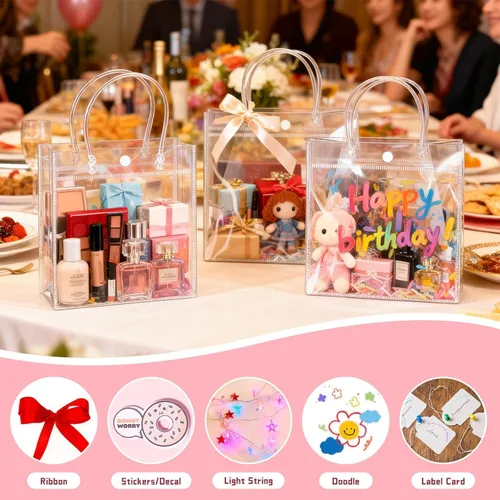 Miniatura 5 de BadenBach 16 bolsas de regalo transparentes con asas, 9.8 x 9.8 x 3.5 pulgadas, bolsa de plástico transparente para fiesta, bolsa de regalo
