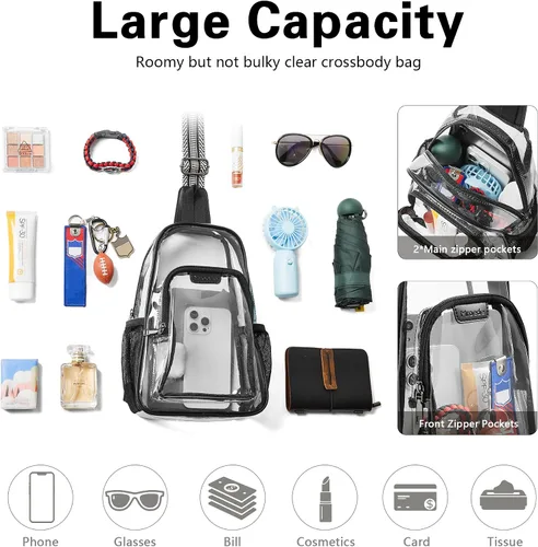 Miniatura 5 de Bolsa transparente para eventos de estadio, aprobada con 4 bolsillos, bolsa transparente para mujeres y hombres, bolsa cruzada transparente