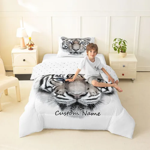 Erosebridal Juego de edredón personalizado de tigre para niños, tamaño individual, juego de ropa de cama con estampado de animales salvajes para