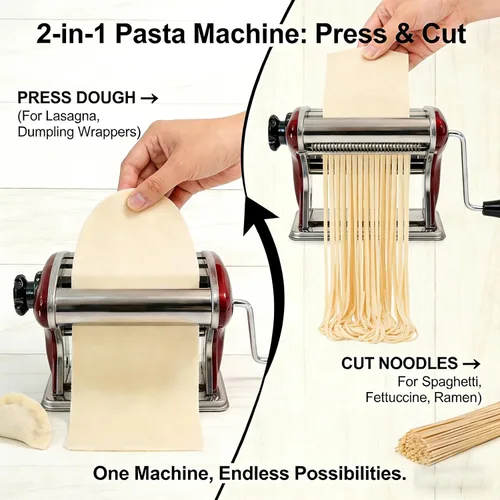 Miniatura 2 de LEONEBEB Máquina de pasta y rodillo de manivela de mano - Máquina de fideos manual 2 en 1 con cortadores integrados de 0.079 in/0.157 in, grosor