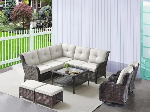 Miniatura 20 de HUMMUH Sillas Mecedoras Giratorias de Mimbre para Patio Exterior con Respaldo Alto, Sillas Deslizantes de Ratán PE, Juego de Muebles de Patio de 4