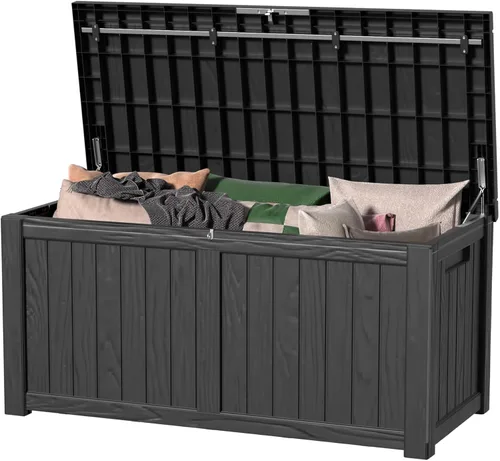 Miniatura 23 de Caja de almacenamiento para exteriores de 30 galones, impermeable, caja de resina para terraza, con cerradura, para muebles de patio, jardín