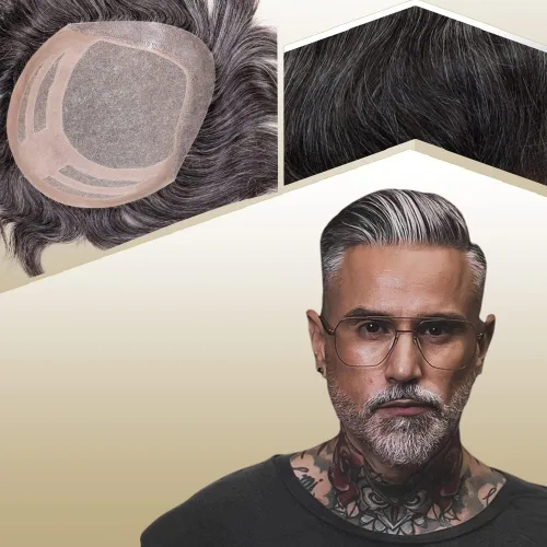 Miniatura 20 de Sistema de reemplazo de cabello humano para hombre, tupé para hombre, piel fina con parte superior de encaje mono y la parte trasera de poliuretano