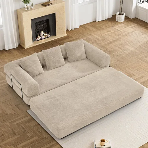 Miniatura 17 de DAMAIFROM Sofá cama convertible con almohada cilíndrica, sofá cama plegable de pana con marco de forma fija, sofá modular de suelo para sala de Beige