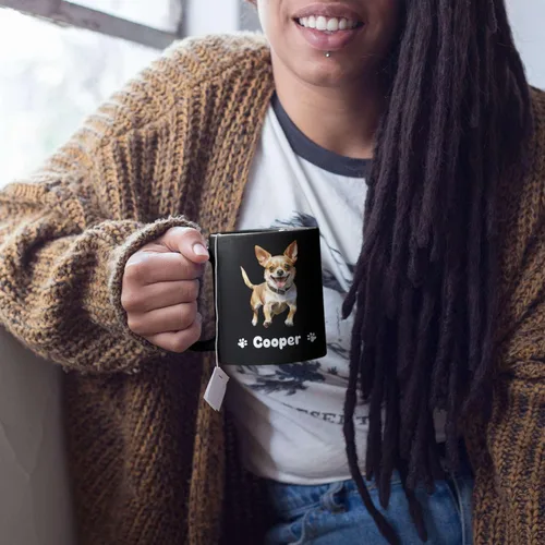 Miniatura 3 de Taza de viaje negra personalizada con nombre a elegir de 11 onzas, 15 onzas, taza de cerámica personalizada para perros Chihuahua, regalo