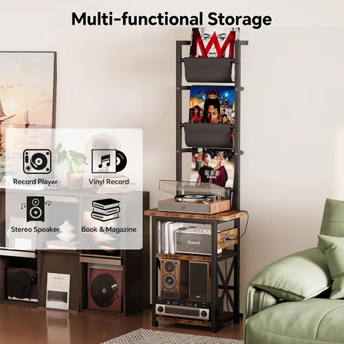 Miniatura 3 de Homeiju Soporte para tocadiscos con toma de corriente, estante de exhibición de discos de vinilo de 6 niveles, mesa de tocadiscos con almacenamiento