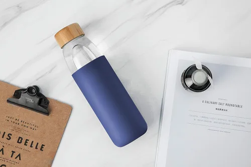 Miniatura 5 de Botellas de agua de vidrio de borosilicato de 25 onzas con tapa de bambú, sin BPA, funda de silicona antideslizante y tapa a prueba de fugas de Azul