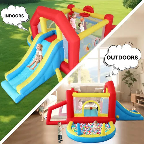 Miniatura 5 de Casa inflable de rebote para niños de 9 en 1 con tobogán alto, piscina de pelotas, juego de fútbol de habilidad, juego de sacos de arena