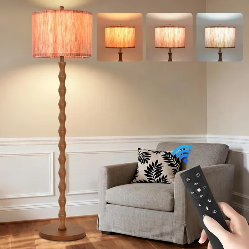 Miniatura 10 de Lámpara de pie dorada para sala de estar con 3 temperaturas de color, lámparas de pie bohemias de arco con control remoto, lámpara de pie de ratán