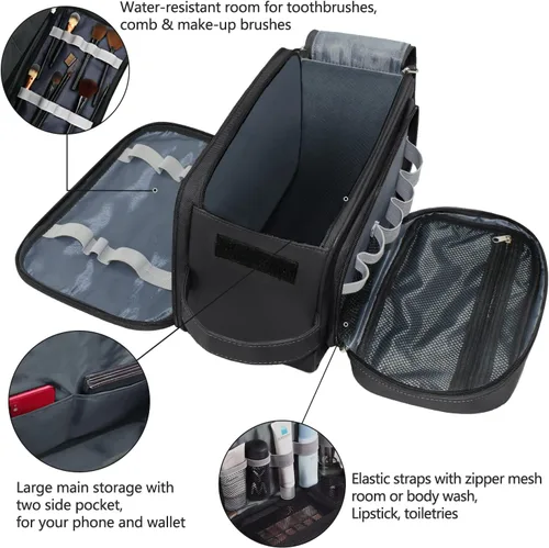 Miniatura 5 de Neceser grande para hombres, organizador de artículos de tocador de viaje de cuero PU, kit Dopp, bolsa de afeitar resistente al agua para artículos