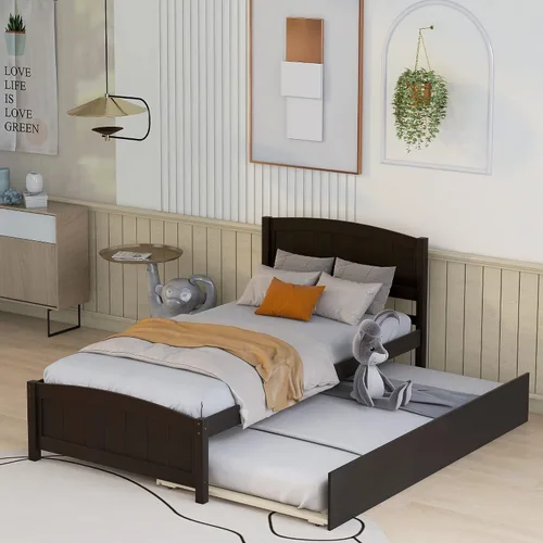 Miniatura 9 de Harper & Bright Designs Base de cama individual, plataforma de madera con nido, cabecero, estribo y soporte de listones de madera (espresso con nido)
