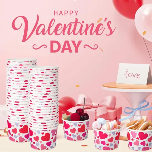 Miniatura 5 de Shellwei 100 cuencos de papel de helado para el día de San Valentín de 9 onzas a granel, tazas de aperitivos con corazón rojo, tazones de postre