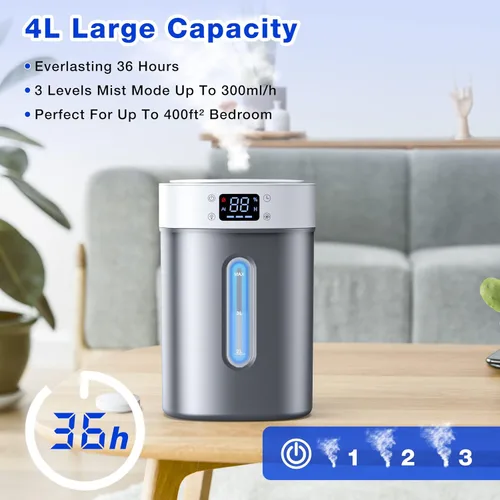 Miniatura 3 de Humidificador ultrasónico de niebla fría de 4 litros con tanque de acero inoxidable 304, control automático de humedad, luz nocturna y temporizador