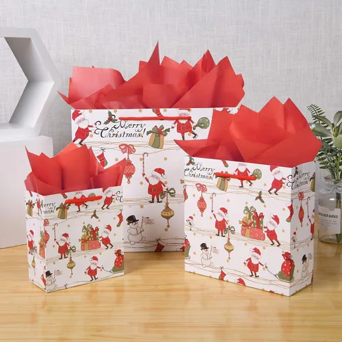 Miniatura 3 de SHIPKEY Paquete de 12 bolsas de regalo de Navidad, bolsas de papel navideñas de Papá Noel en 3 tamaños surtidos con papel de seda, bolsas Tamaños