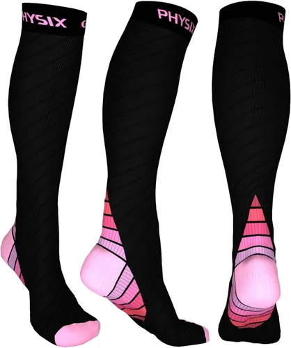 Physix Gear - Calcetines de compresión 20-30 mmHg, para hombres y mujeres, para correr, enfermeras, espinillas, vuelo, viajes Negro/Rosa