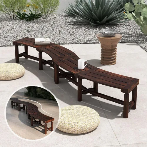 Miniatura 5 de Tangkula Banco de patio curvo, banco de comedor de madera carbonizada, asiento espacioso y con listones, carga máxima de 710 LBS, banco de 2 plazas