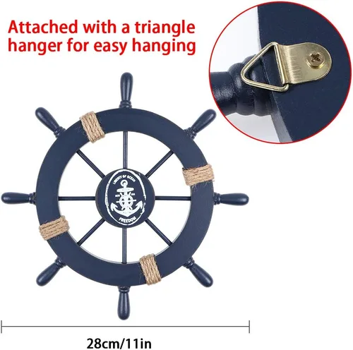 Miniatura 4 de MDLUU Volante náutico de madera, timón de barco pequeño y ancla, juego de decoración de pared de 11 pulgadas, rueda de timón azul marino, adorno