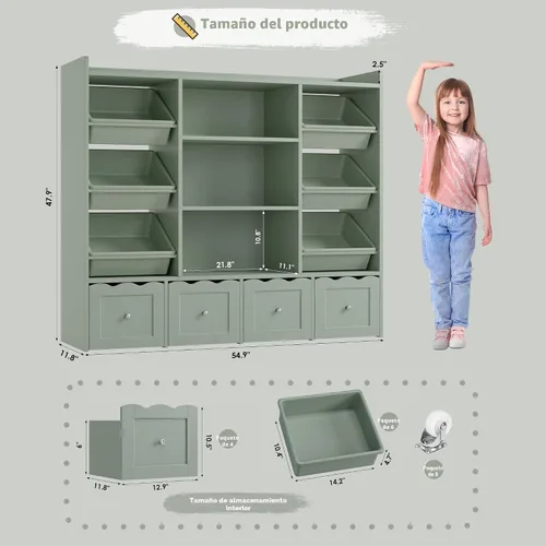 Miniatura 2 de HITHOS Organizador de almacenamiento de juguetes para niños de 55 pulgadas de ancho, caja de juguetes grande con estantería, baúl de juguetes