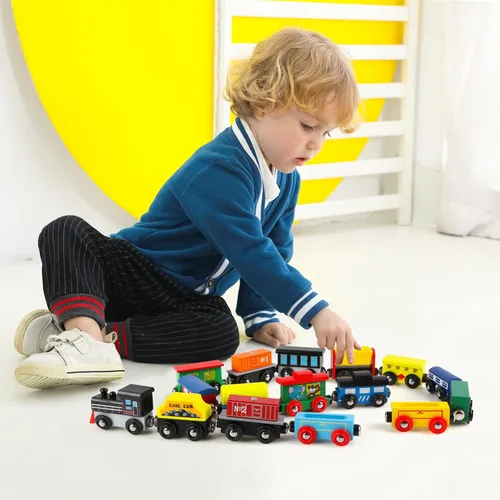 Miniatura 2 de Wondertoys Juego de tren de madera de 16 piezas, incluye bolsa de almacenamiento, accesorios de pista de madera, juego de automóvil magnético