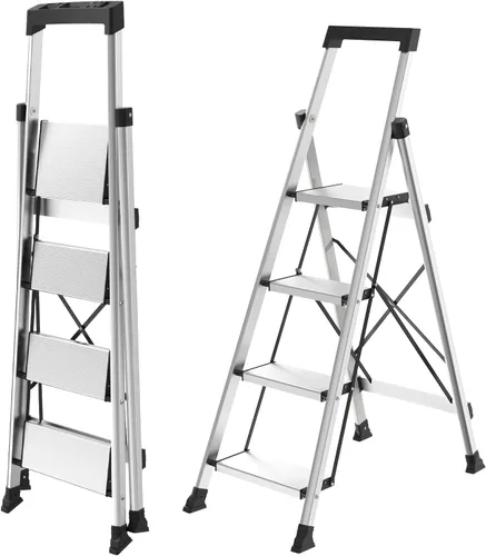 Miniatura 21 de HBTower Escalera de escalón, taburete plegable, taburete portátil de acero resistente para adultos con pedales anchos antideslizantes para el hogar