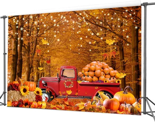 Miniatura 3 de Telón de fondo de fotografía de otoño de 8 x 6 pies, hojas de bosque de arce, automóvil, calabaza, amigos, fondo, suministros de fiesta de Acción