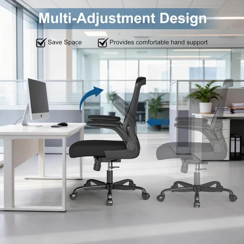 Miniatura 4 de Silla de oficina ergonómica, silla de escritorio de malla con altura ajustable y reposabrazos abatibles, cómoda silla de computadora para largas