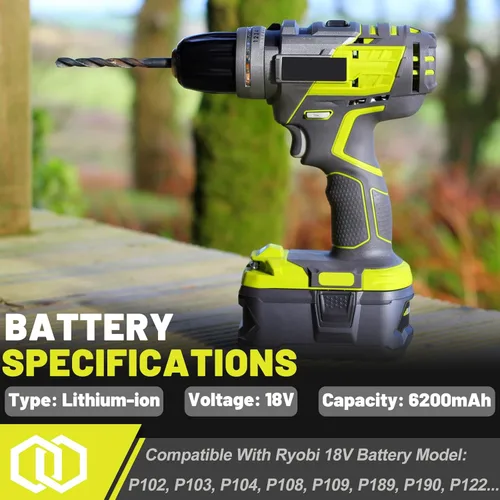 Miniatura 2 de Paquete de 2 baterías de repuesto de 6.2Ah para baterías Ryobi de 18 V P102 P103 P108 P109 P189 P190 P122 de 18 voltios ONE+