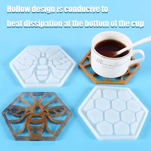 Miniatura 5 de Paquete de 2 moldes hexagonales de resina de silicona de grado alimenticio para fundición epoxi, soporte para tazas de automóvil, bandeja de ágata