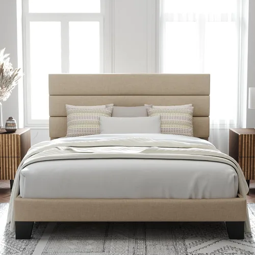 Miniatura 18 de Allewie - Base de cama de plataforma matrimonial con cabecera tapizada de tela y soporte de listones de madera, base de colchón totalmente tapizada