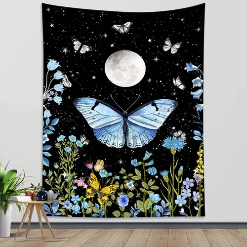 Miniatura 11 de LB Tapiz pequeño de mariposa colorido para colgar en la pared, diseño psicodélico de flores silvestres 3D, mariposas de fantasía floral, arte