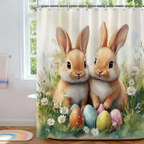 Miniatura 13 de Wathon Bonita cortina de ducha de conejo de Pascua, juego de decoración de baño con mariposa floral, tela de tela, juego de decoración de baño