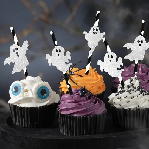 Miniatura 7 de Whaline Pajitas de papel de fantasma de Halloween, pajitas desechables con fantasma, lindas y espeluznantes pajitas decorativas para dulce o truco