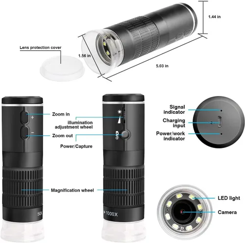 Miniatura 6 de Microscopio digital WiFi para iPhone, teléfono Android, Mac, Windows, HD 1080P/720P, grabación de video 50-1000X, microscopio portátil inalámbrico