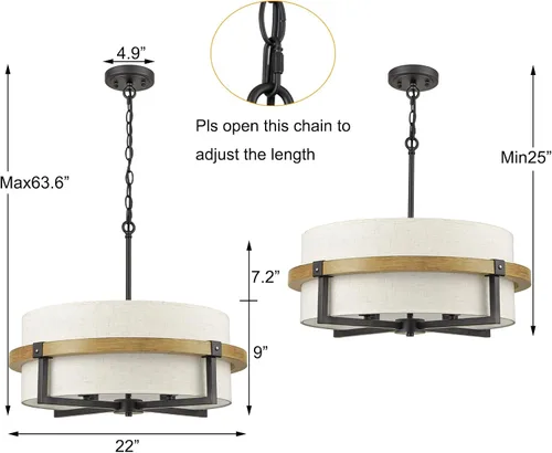 Miniatura 5 de Candelabro de tambor rústico de 4 luces para comedor con pantalla de tela blanca rota