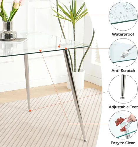 Miniatura 7 de Juego de mesa de comedor cuadrada de vidrio de 36 pulgadas con 4 sillas tapizadas de piel sintética con respaldo alto, diseño moderno de patas