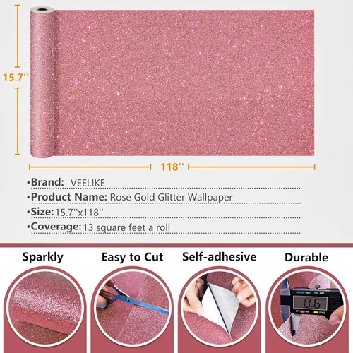 Miniatura 9 de VEELIKE Papel tapiz con purpurina oro rosa de 15.7''x118'' papel tapiz rosa brillante despegar y pegar papel de contacto con purpurina rollo de tela