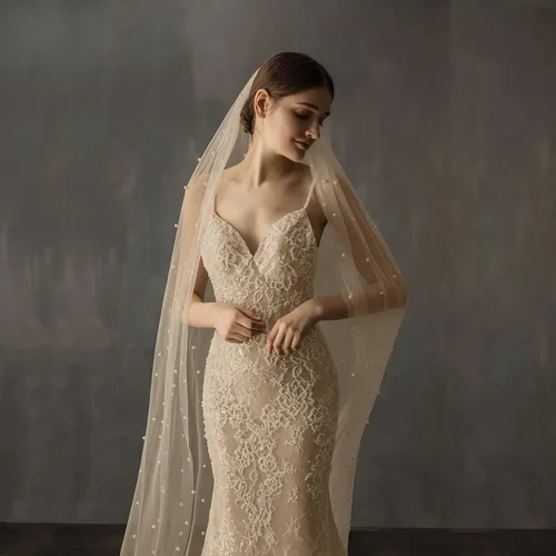 Miniatura 6 de AMBRE ADELE Cathedral Bridal Long Tulle Veil With Pearl, Wedding Veil for Brides