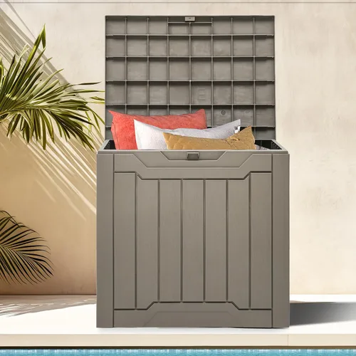 Miniatura 10 de DWVO Caja de almacenamiento exterior de 30 galones, contenedor de almacenamiento exterior con cerradura para herramientas de jardinería, cojines