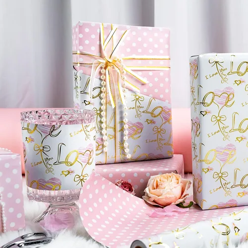 Miniatura 7 de Yarcony Papel de regalo reversible de boda, papel de regalo con temática de corazón, estampado creativo de amor y lazo, envoltura de regalo