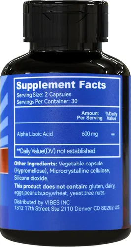 Miniatura 3 de Paquete de 2 suplementos de ácido alfa lipoico, ácido alfa lipoico 600 mg por porción, vegano, sin gluten, suplemento de ALA sin OMG, 120 cápsulas