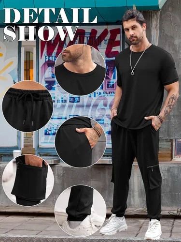 Miniatura 5 de Babioboa Conjunto de 2 piezas de camiseta y pantalones deportivos para hombre, con bolsillo con solapa, pantalones deportivos holgados y lisos