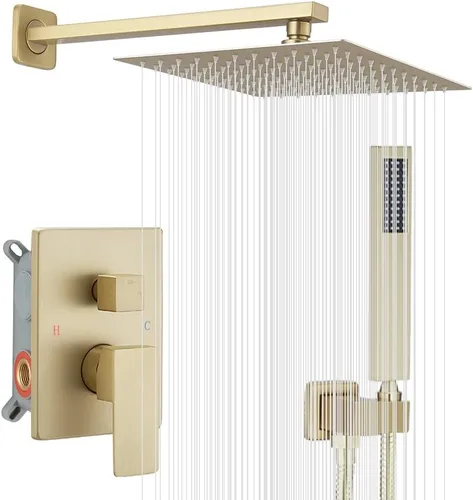 Sistema de ducha dorado cepillado de 10 pulgadas para baño, mezclador de lluvia de lujo, juego combinado de ducha montado en la pared, cabezal de