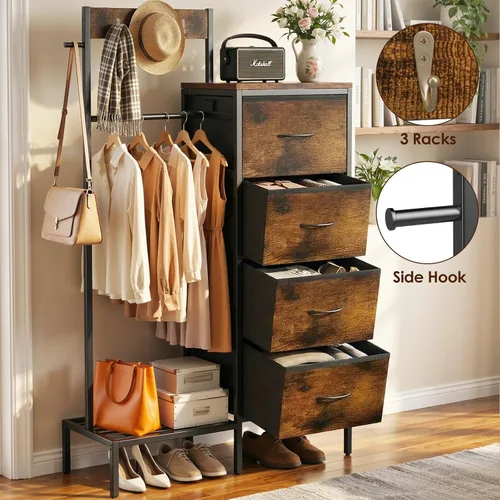Miniatura 5 de Lewondr Cómoda con estante colgante y cajones de almacenamiento, 4 cajones con ganchos y estante, organizador de entrada rústico para accesorios
