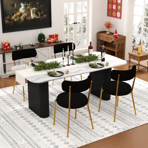 Miniatura 27 de Juego de mesa de comedor ovalada negra moderna de 70.9 pulgadas para 4, mesa de cocina rectangular estilo crema con sillas negras Boucle, juego