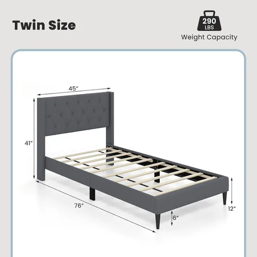 Miniatura 2 de Giantex Base de cama de plataforma de tamaño individual con respaldo de alas, base de cama tapizada de tela con cabecera capitonada con botones