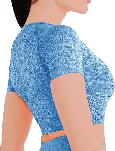 Miniatura 3 de TUMILKETS Conjunto deportivo de 3 piezas para mujer, sin costuras, manga corta, brasier deportivo, cintura alta, pantalones cortos de yoga