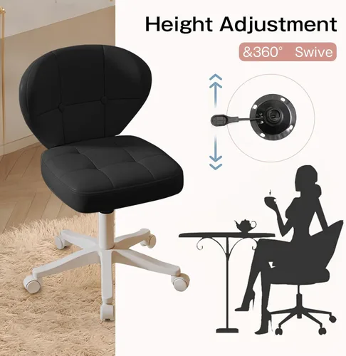 Miniatura 7 de Silla pequeña de oficina con soporte lumbar, silla de escritorio giratoria sin brazos de piel sintética de altura ajustable, silla compacta con Negro